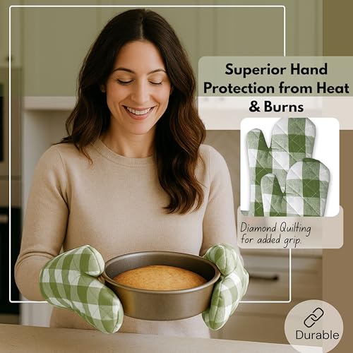 Native Fab Buffalo Plaid Check Oven Mitts and Pot Holders Set of 4, 100% Cotton Heat Resistant Kitchen Gloves, 2 Oven Mitts (7x13), 2 Pot Holders (8x8) for Cooking & Baking, Mint Green White - color: Buffalo, Mint Green