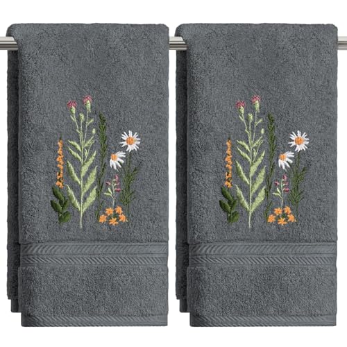 Artoid Mode 2 Pcs Grey Wildflower Floral Embroidered Hand Towels for Bathroom, 100% Cotton Soft Absorbent Farmhouse Decor Towels, 13.7 x 29.5 Inch - color: Grey, size: 13.7" x 29.5", 2PCS