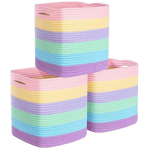 3-Pack 11x11in Woven Cube Storage Bin and Shelf Baskets, Cute Decorative Square Organizer for Closet, Classroom, Bathroom, Dog and Cat Toys, and Books, Pastel Rainbow - color: Rainbow Pastel