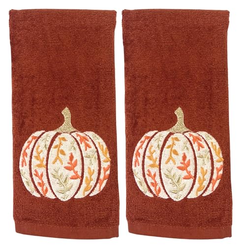 Autumn Fall Bathroom Fingertip Towels: Rust Dark Orange Embroidered Ornate Pumpkin Design, Set of 2, 100% Cotton, 12" x 18", Festive Bath & Kitchen Decor - color: Ornate Pumpkin