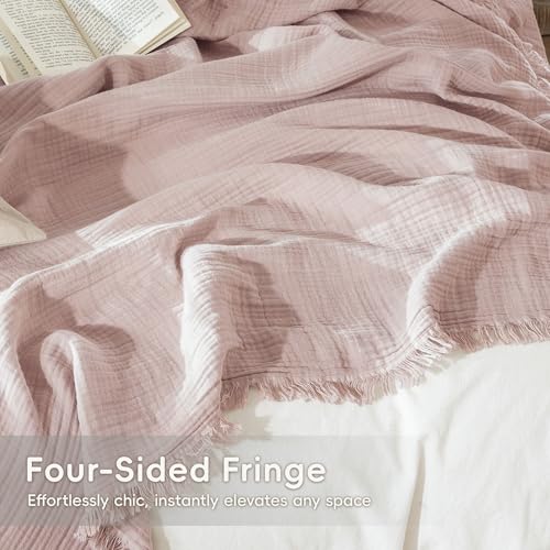 MooMee 100% Cotton Muslin Blanket, Fringed 4-Layer Gauze Bed Throw Blankets | Soft Breathable Lightweight Thin Coverlet Summer Blankets for Adults, Bed & Couch All Seasons, Greyish Pink, 98" x 98" - color: Greyish Pink, size: Oversize Queen
