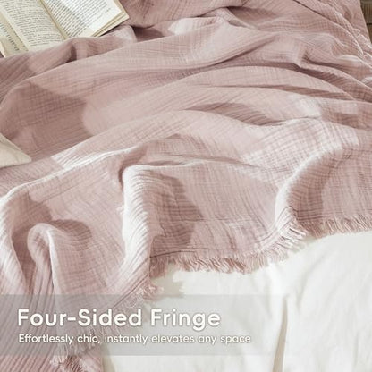 MooMee 100% Cotton Muslin Blanket, Fringed 4-Layer Gauze Bed Throw Blankets | Soft Breathable Lightweight Thin Coverlet Summer Blankets for Adults, Bed & Couch All Seasons, Greyish Pink, 108" x 98" - color: Greyish Pink, size: Super King