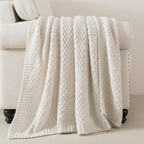 WDCOZY Chunky Cable Knit Throw Blanket Super Soft Warm Knitted Throw Blanket for Couch, Sofa, Chair, Bed Lightweight Breathable Cozy Comfortable Home Decorative Ivory Cream White 50x60 Inches - color: White, size: Throw (50" x 60")