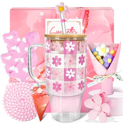 ANOTION Birthday Pink Glass Cup with Handle Gift Box for Women | Coquette Gift Basket for Her, Glass Cup with Handle, Fuzzy Socks, Knitted Coaster, Plush Bouquet - color: Pink-Flower