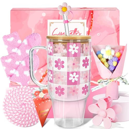 ANOTION Birthday Pink Glass Cup with Handle Gift Box for Women | Coquette Gift Basket for Her, Glass Cup with Handle, Fuzzy Socks, Knitted Coaster, Plush Bouquet - color: Pink-Flower