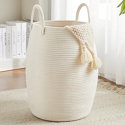 Large Laundry Hamper Basket 65L Woven Blanket Basket, Beige | Tall Clothes Hamper, Rope Wicker Laundry Basket, Storage Basket for Toys, Dirty Cothes in Bedroom, Living Room Organizer - color: Beige, size: 65L