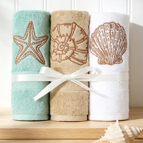 JarThenaAMCS 3Pcs Coastal Hand Towels Cotton Embroidered Bathroom Towel Ocean Beach Starfish Seashell Conch Decorative Dish Towel for Summer Holiday Home Bathroom Kitchen Decor