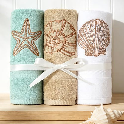 JarThenaAMCS 3Pcs Coastal Hand Towels Cotton Embroidered Bathroom Towel Ocean Beach Starfish Seashell Conch Decorative Dish Towel for Summer Holiday Home Bathroom Kitchen Decor