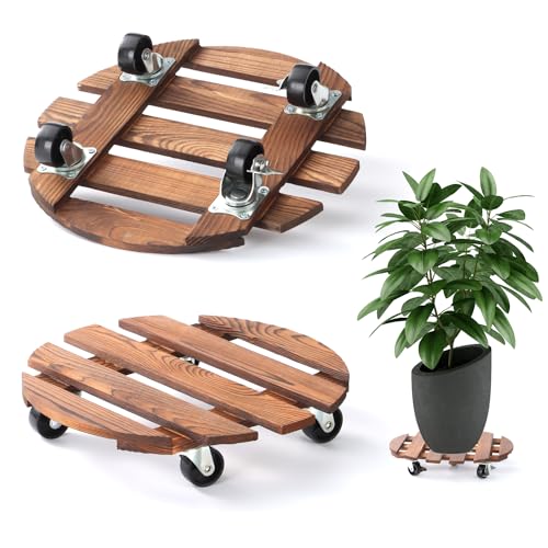 2 Pack 12" Plant Caddy with Wheels, Rolling Plant Stand 220 LB Heavy Duty Wooden Round Plant Dolly with Metal 360° Lockable Caster Wheels for Outdoor Indoor Large Plant Pots, Flower Pot, Patio - size: 12"+12"