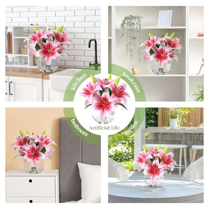 Artificial Tiger Lily Arrangement in Glass Vase, Realistic Touch Silk Flowers, FakeLilies with Faux Water - color: Light Pink