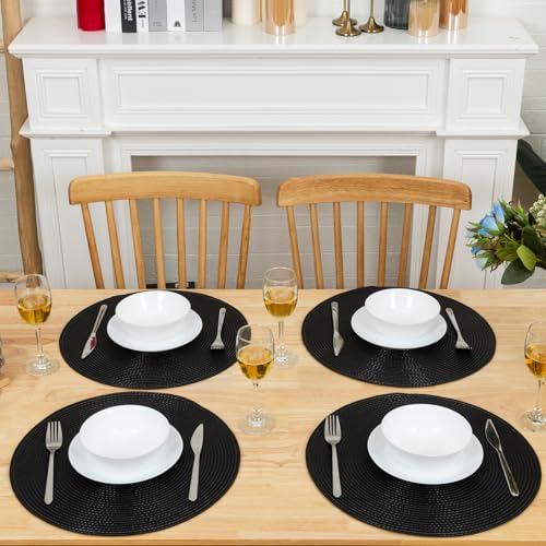 Winknowl Round Braided Placemats Set of 8 Washable Woven Heat Resistant Table Mats for Kitchen Dining Tables 15 inch Round Place Mats (Black,8pcs) - color: Black, size: 8pcs