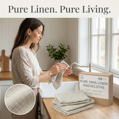 Pure Linen Flax Washcloths – 4-Pack Natural Dish Towels Set – Linen Tea Towel Cloth Napkins – Small Hand Towels for Kitchen – Durable, Lint-Resistant, Highly Absorbent