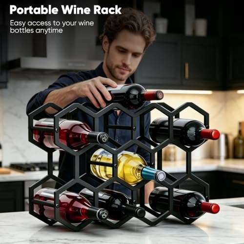 3-Tier Hexagon Metal Countertop Wine Rack, 11 Bottles Tabletop Wine Bottle Holder Stand for Cabinet Pantry, Indoor Outdoor Home Bar Storage Organizer - size: 3-Tier Hexagon Black