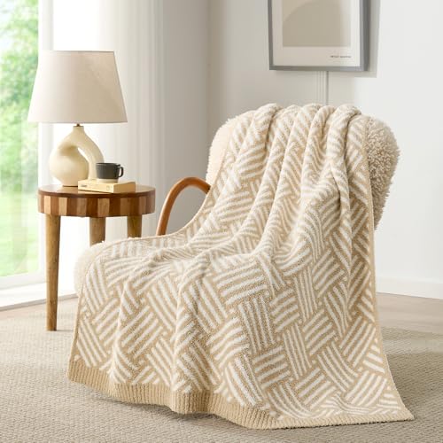 Snuggle Sac Ultra Soft Boho Throw Blanket for Couch Sofa Bed 50x60 inches, Reversible Beige Striped Blanket Microfiber Fluffy Fuzzy Cozy Knit Soft Throws Birthday Gifts for Women - color: Beige Boho, size: Throw(50"x60")