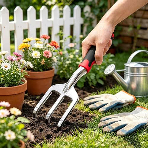 Stainless Steel Garden Tool Set，3 Pieces, Including Hand Shovel & Transplant Shovel & Hand Rake with Non-Slip Soft Ergonomic Handle (red) - color: red