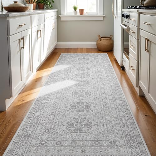 Ksrau 3x8 Runner Rug Washable Vintage: Non Slip Kitchen Runners Grey | Oriental Indoor Floor Mat for Hallway Soft Low Pile Thin Carpet for Entryway Bedroom Living Room Bathroom Home Office Decor - color: Grey, size: 3' x 8' (Rectangular)