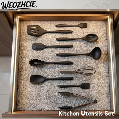 Silicone Kitchen Utensils Set,10 PCS Cooking Kitchen Utensils Set, Nonstick Kitchen Utensils 446°F Heat-Resistant Cookware Kitchen Tools of Spoon,Brush,Whisk,Spatula,Turner Tongs(Black)