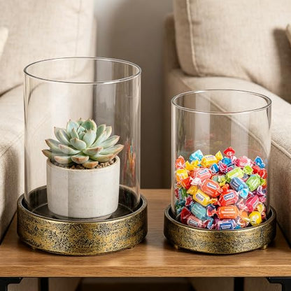 Set of 2 Glass Hurricane Candle Holders for Pillars with Minimalism Metal Base in Antique Gold, Glass Candle Holder, Centerpiece, for Weddings, Dinner Parties, Dining Tables, Console Tables, Mantels - color: Antique Gold