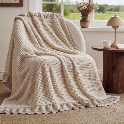 Tegeme Waffle Weave Blanket 43" x 63" 100% Cotton Neutral Boho Farmhouse Woven Knitted Beige Throw with Ruffles Warm Soft Cozy Throw Blanket Decorative Breathable for Couch Bed Sofa