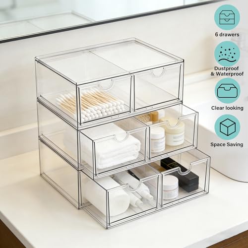 Prsildan 6 Small Drawers Stackable Storage Drawer Clear Acrylic Organizer | Makeup Organizers, Vanity Bathroom Kitchen Cabinets Under Sink Home Organization, 3 Pack - size: Stackable-6Drawers