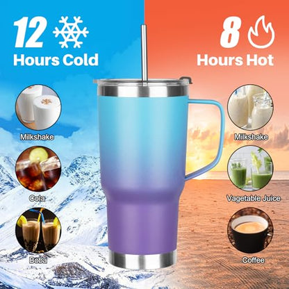 20 oz Tumbler with Handle, Stainless Steel Insulated Tumbler with Lid and Straw, Double Wall Vacuum Coffee Mug Tumbler, Insulated Coffee Thermal Cup for Cold and Hot (Blue Purple) - color: Blue Purple, size: 20 Ounces