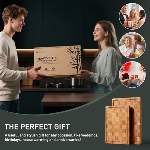 2 Pack Wooden Cutting Boards for Kitchen Bamboo Chopping Boards Non Toxic | Heavy Duty, End Grain, Non Slip, Cutting Board Set, Multiple Size, Solid Thick, Butcher Block, Wood Charcuterie Board - size: Multiple Sizes (Set of 2)