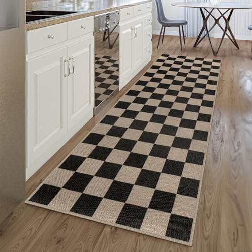 Easy Jute Checkered Runner Rug, 2.6x8 Black Modern Washable Rugs Runner for Hallway Non-Slip Kitchen Runner Rug, Geometric Checkerboard Indoor Outdoor Carpet for Porch Laundry Entryway - color: Black Checkered, size: 2.6' x 8' (Runner)