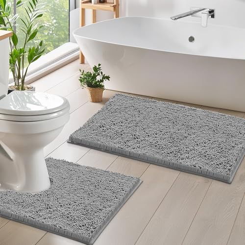 LuxUrux Soft Chenille Area Rug Set, 2 Piece Sets, U-Shape Contoured Toilet Base Mat & 31x20 Mat, Absorbent Washable Mats, Microfiber Dries Quickly, Bath Rugs for Tub, Light Grey. - color: Light Grey, size: 2 Piece Set