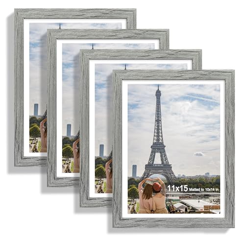 Hongkee 11x15 Picture Frame Set of 4, Made of Real Glass and Grey Frame - Display Picture 10x14 with Mat or 11x15 Without Mat, 11 by 15 Photo for Wall Mounting - color: Grey, size: 11x15 in