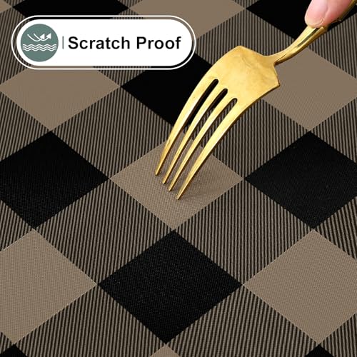 Round Waterproof Vinyl Table Cloth, Buffalo Flannel Backed Tablecloth, Wipeable Plastic Table Cover for Dinner, Kitchen, Picnic (60", Black and Khaki) - color: Black and Khaki, size: 60" (Round)