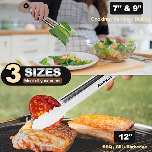 Anaeat Premium Kitchen Locking Tong Set of 3 - Heavy Duty Stainless Steel Food Tongs with Long Handle & Non-Slip Silicone Grip for Cooking, Baking, Grilling - Heat Resistant up to 480°F - color: 3 Pcs Stainless Steel - Black, size: 7+9+12 Inch