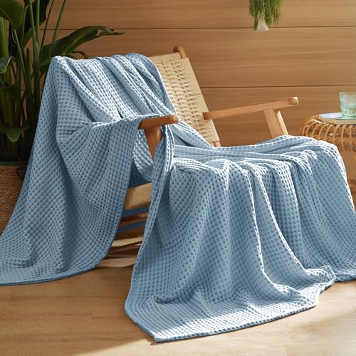 Bedsure Lightweight 100% Cotton Waffle Blanket, Throw XL, Celestial Blue | Summer, Breathable, Soft, Comfort, Light, Thin, Textured, Bed, Couch, Sofa, Chair, 50"x70", Sheet Blanket, Cozy Gifts - color: Celestial Blue, size: Throw Xl (50" X 70")