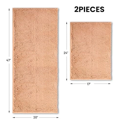 Beige Bathroom Rugs, 47x20 Large Bath Mat & 17x24 Small Bathroom Mat, Soft Chenille Non-Slip Rugs for Bathroom Floor, Tub & Shower, Absorbent and Machine Washable - color: Beige-2