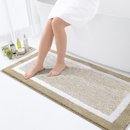 OLANLY Bathroom Runner Rugs 47x24, Long Bath Mats for Bathroom Floor, Beige | Non-Slip, Machine Washable, Quick Dry Shaggy Bath Carpet, Suitable for Bathroom Floor, Tub, Shower - color: Beige and White, size: 47" X 24"