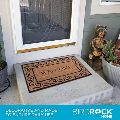 BIRDROCK HOME Welcome Coir Doormat with Scroll Border | 18 x 30 Inch | Standard Welcome Mat with Black Decorative Border | Natural Fade | Vinyl Backed | Outdoor