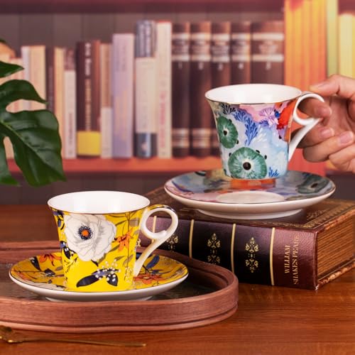 KAMMAK Tea Cups and Saucers Set of 2, 5.7 oz Porcelain Coffee Cups, 567N | Stackable Espresso Mugs, Ceramic Demitasse for Coffee, Cappuccino, Latte, Americano, Tea - size: 7KPSP567N+568N