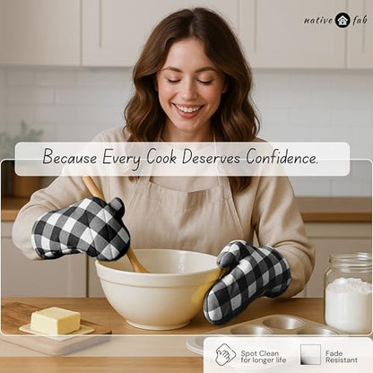 Native Fab Buffalo Plaid Check Oven Mitts and Pot Holders Set of 4, 100% Cotton Heat Resistant Kitchen Gloves, 2 Oven Mitts (7x13), 2 Pot Holders (8x8) for Cooking & Baking, Black White - color: Buffalo, Black