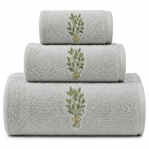 Peryiter 3 Pcs Sage Green Eucalyptus Hand Towel Set Bathroom Towels with Embroidered Eucalyptus Leaves Pattern Ultra Soft Absorbent Cotton Towels for Bathroom Decor Farmhouse Style - color: Green, style: Eucalyptus Leaves