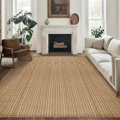 Tan Brown Boho Faux Jute Area Rug 6x9 ft,Braided Solid Non Slip Rug | Washable neutral large carpet, suitable for living room, bedroom, dining room and office - size: 6' x 9' (Rectangular)