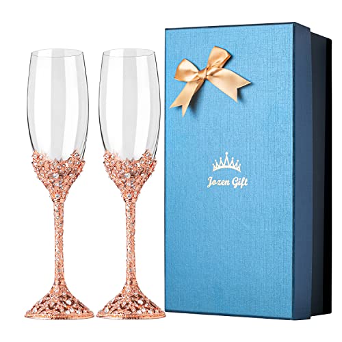 Champagne Flutes - Crystal Glass Metal Base With Crystal Stones, Set of 2 Toasting Flute Pair, Wedding Anniversary Party Birthday Banquets and Gifts for Bride and Groom (Rose Gold) - color: Rose Gold