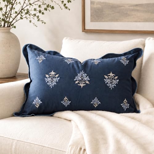 BlissBlush Lumbar Pillow Cover 12x20, Navy Blue Velvet Floral Embroidered Throw Pillow Cover with Scalloped Edge, Decorative Accent Cushion Cover for Couch Sofa Bed, Cover ONLY - color: Navy Blue, size: 20" x 12" (Pack of 1)