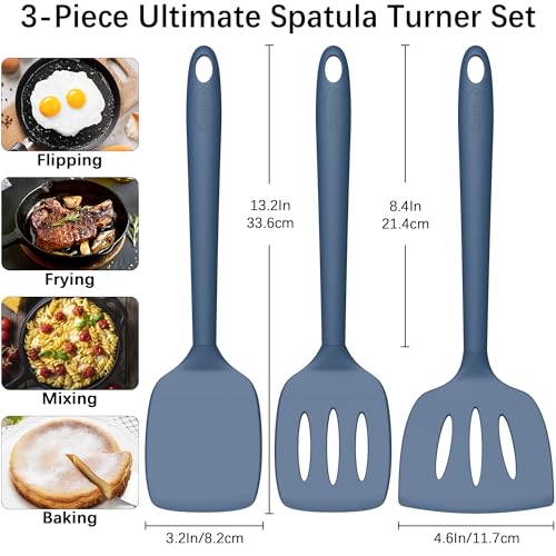 Coukre 3 Pack Silicone Spatula Set, Heat Resistant to 500°F, BPA-Free | Fish Spatula, Solid & Slotted Turners, Dishwasher Safe, Spatula Set for Eggs, Pancakes, Fish & Burgers, PureDarkBlue - color: PureDarkBlue