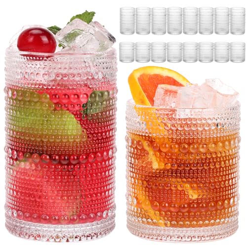Moretoes Hobnail Drinking Glasses Set of 16, Vintage Water Glass Cups | 12 Oz Highball Glasses & 10 Oz Cocktail Glasses, Clear Embossed Boho Kitchen Bar Tumbler for Whiskey, Beer, Juice, Milk - color: Clear, size: 16pcs