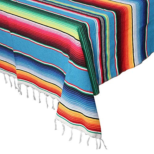 OurWarm 59 x 84 Inch Square Mexican Tablecloth Serape Blanket, Topic Blue | Mexican Party Decorations, Handmade Tassel, Cotton Fabric, Easy Clean, Colorfast, Fiesta Table Cloths for Picnic, Tapestry - color: Blue