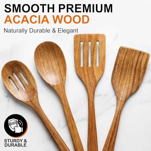 Acacia Wood Kitchen Utensils Set Non Toxic Wooden Spoon for Cooking Spatula | Large Cooking Utensil Teak Slotted Spoon Ladle Kitchen Tool Flat Wood Spatula Turner Mixing Serving Spoons Wooden Utensils - color: 4 PCS SET