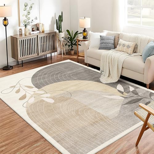 5x7 Area Rugs Washable Low Pile Non Slip Mid Century Modern Large | Machine Washable Throw Carpet for Living Room Bedroom Office Dining Room Boho Abstract Retro Geometric Neutral Beige - color: Beige（modern）, size: 5' x 7' (Rectangular)