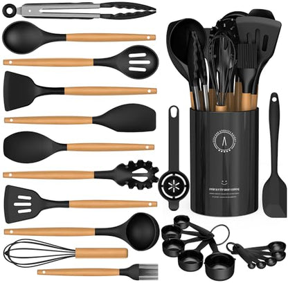 Silicone Cooking Utensils Set - AVGPD Silicone Kitchen Utensils for Cooking Wooden Handles, 446°F Heat Resistant Kitchen Utensil Spatula Sets, Gadgets for Non-Stick Cookware BPA FREE (Black) - color: Black