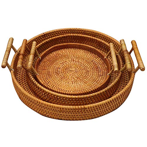 Rattan Hand Woven Round Decorative Rustic Serving Wicker Trays with Handles for Home/Social Events - Bread Basket, Vegetable, Fruits, Snacks, Crackers, Breakfast - Set of 3.