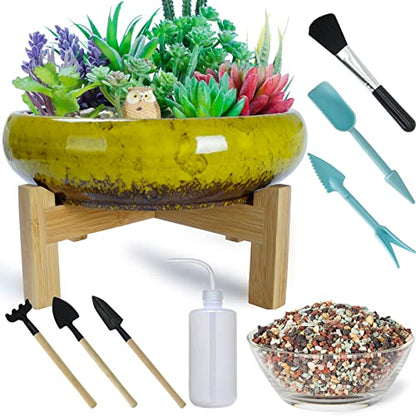 ARTKETTY Ceramic Succulent Planter, 10 inch with Stand, 2.2lb Lava Rock Pebbles, Planting Tools - Indoor Plants Planter, Yellow - color: Yellow With Mix Lava Rock Pebbles