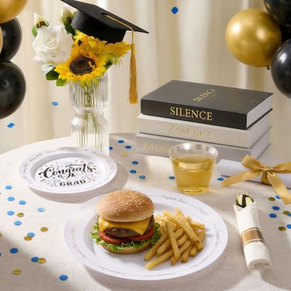 350 Piece Graduation Gold Plastic Dinnerware Set for 50 Guests | Disposable Dinnerware Includes: 50 Dinner Plates, 50 Dessert Plates, 50 Cups, 50 Pre Rolled Napkins with Silverware - color: White, style: 350 Piece (50 guests)